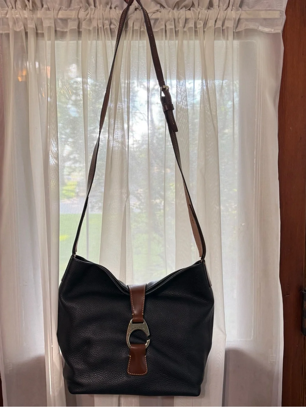 Dooney & Bourke Black Pebbled Leather Derby Hobo with Brown Strap Gold Hardware